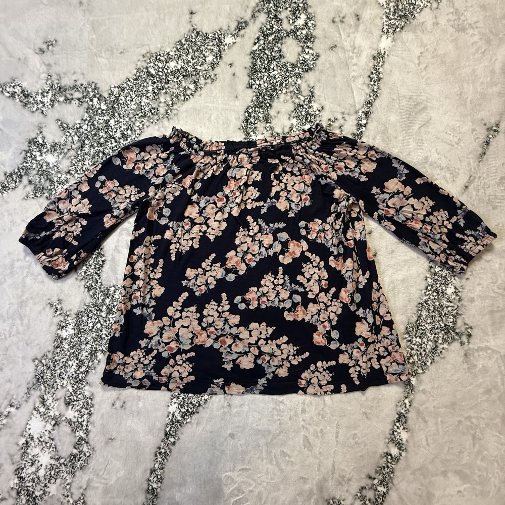 J. Jill Top Womens Size M Black Multicolor Floral Print 3/4 Sleeve Boho Tunic